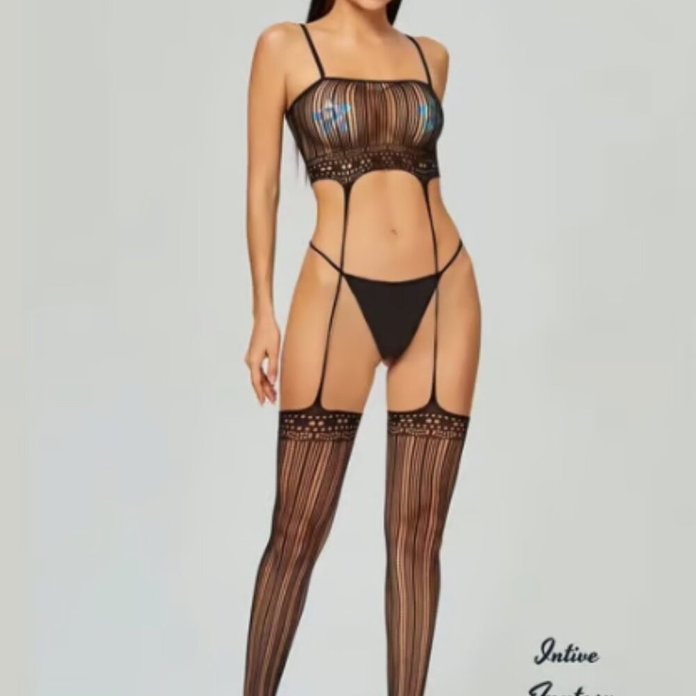 Black Pin-Stripe Bralette & Leg Fishnet Bodysuit
